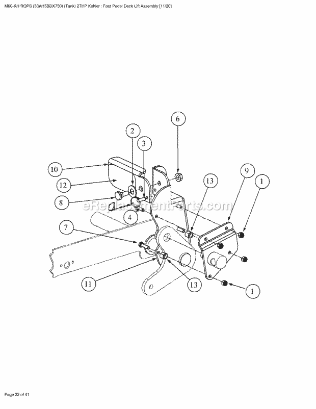 Foot Pedal Deck Lift Assembly Diagram and Parts List for M60-KH 53AH5BDX750 Cub Cadet Sprayer